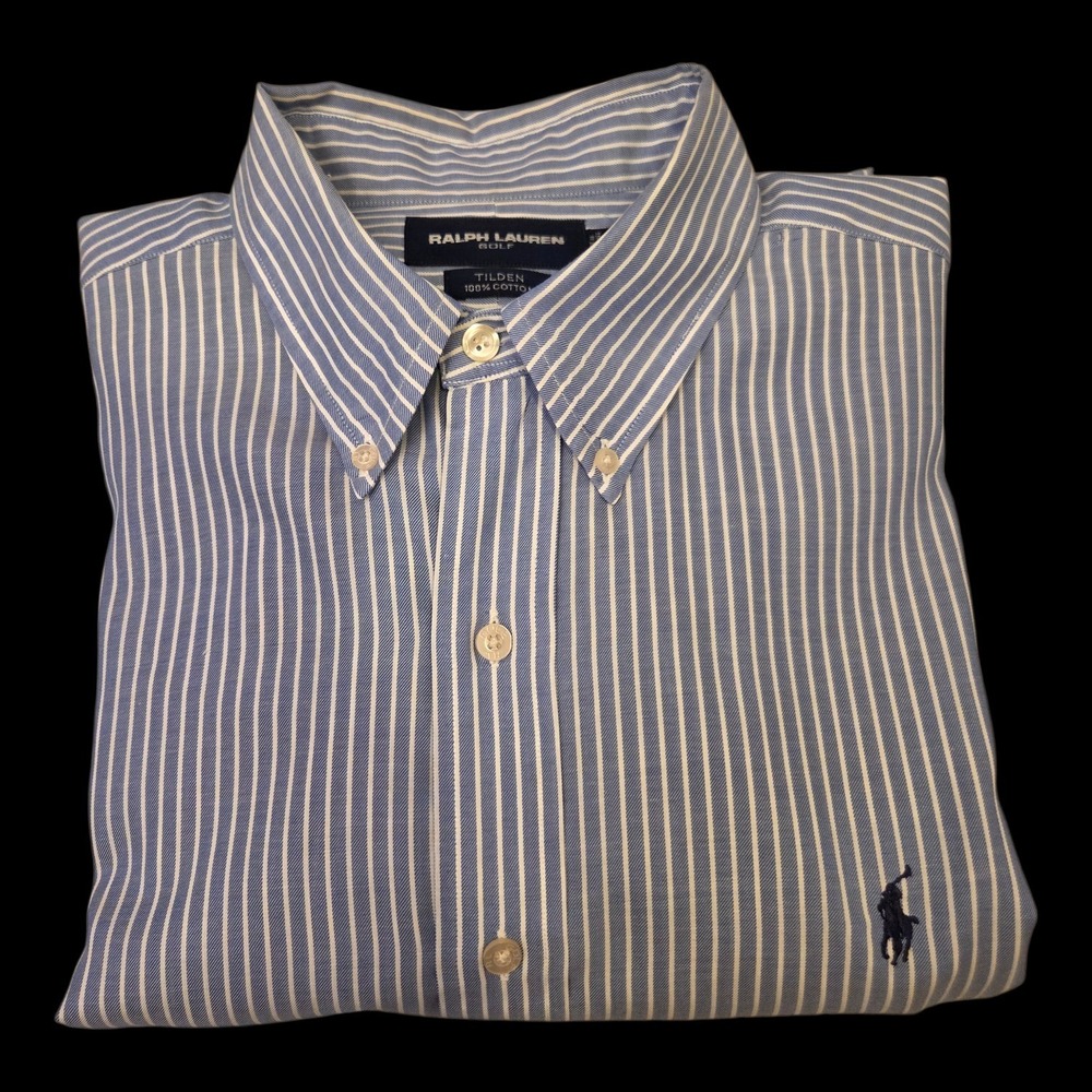 Vintage Ralph Lauren Golf Mens XL Tilden Blue Striped Button Down Long Sleeve